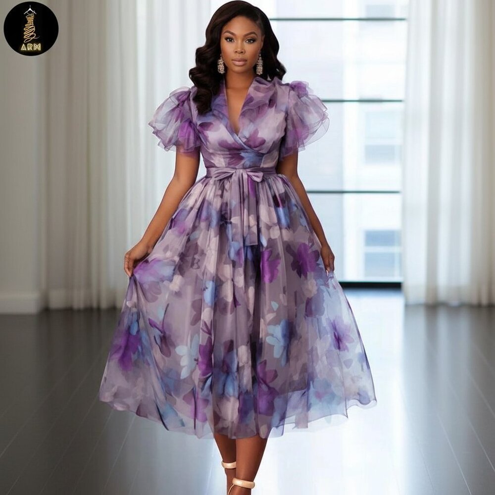 Enchanted Bloom Organza Midi Dress  SIZES L - 2XL